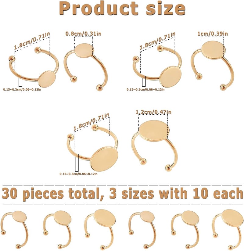 MaehSab 30 Pcs Blank Rings - Stainless Steel Adjustable Pad Ring Base, Flat Blank Ring Base Tray for Jewelry Making DIY Crafts (Gold) - Image 2